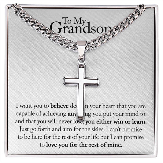 To My Grandson - Faith - Artisan Cross Necklace on Cuban Chain